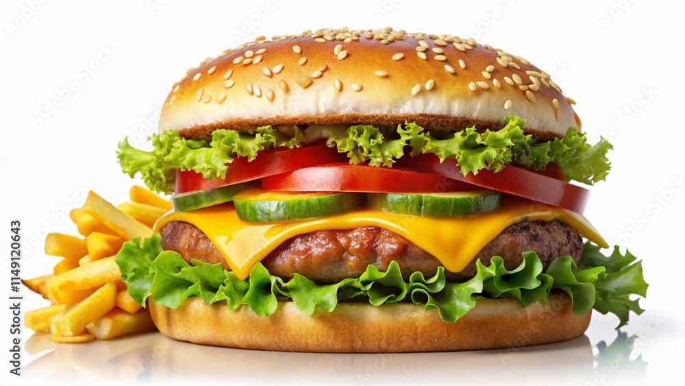 Juicy Hamburger & Crispy French Fries Isolated on White Background - Stock Photo Juicy Hamburger & Crispy French Fries Isolated on White Background - Stock Photo