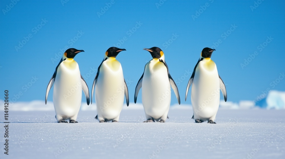 Fototapeta premium Group of Penguins Waddling Across Icy Terrain of Antarctica Under Clear Blue Sky in Winter Season Capturing Wildlife and Nature Adventure Journey on Frozen Landscape in Pristine Polar Environment