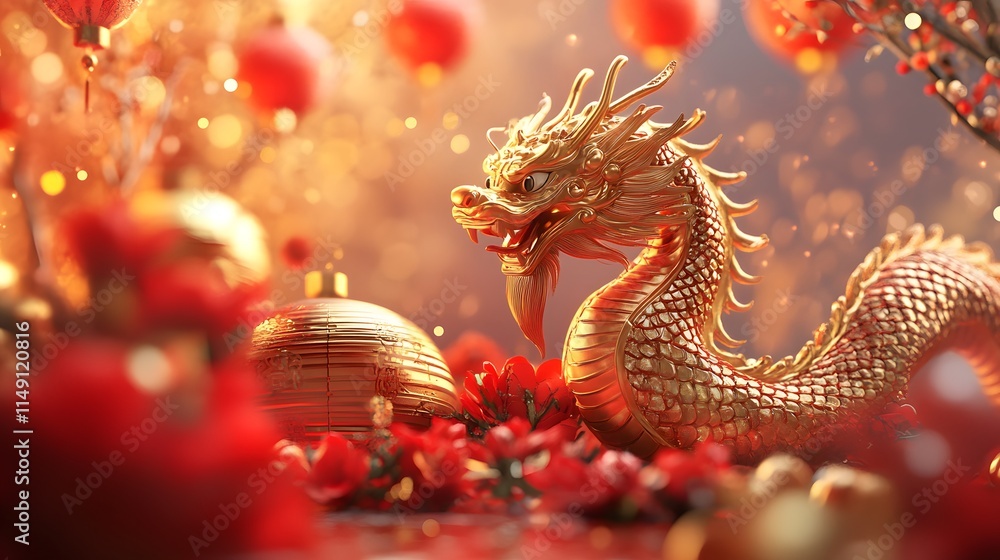 Obraz premium Golden Dragon Amidst Red Festive Decorations