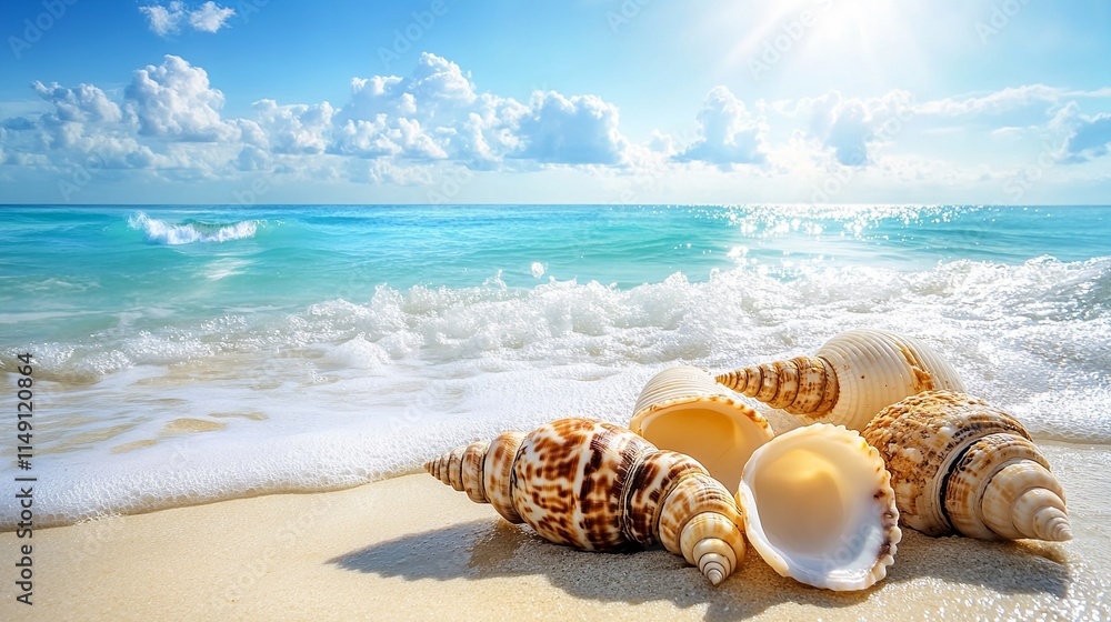 Obraz premium Serene beach retreat gentle waves coastal paradise shells on shore tranquil setting scenic view nature's beauty