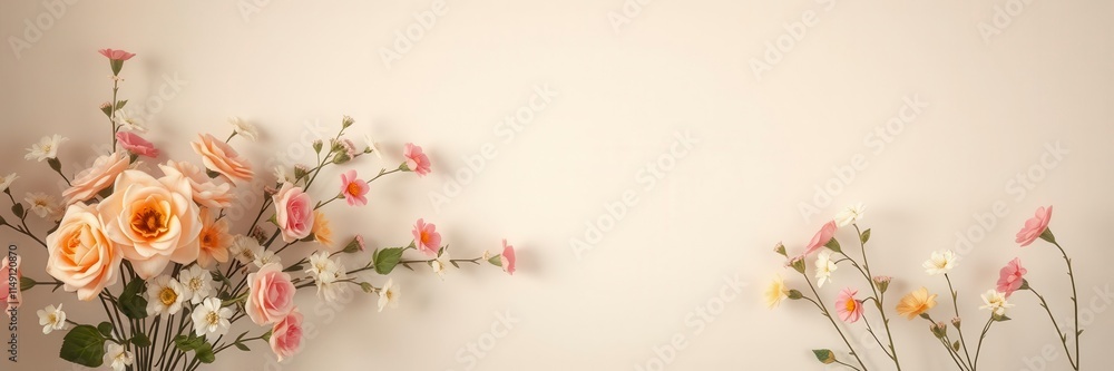 Fototapeta premium A vintage style wall decorated with artificial flowers creating a charming and romantic background, decoration, pastel, retro