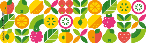 Fruits, berries, leaves and slices. Abstract geometric background. Seamless pattern. Set of vector icons in simple flat style. Isolated elements.