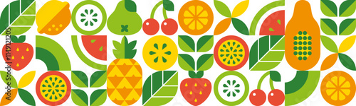 Fruits, berries, leaves and slices. Abstract geometric background. Seamless pattern. Set of vector icons in simple flat style. Isolated elements.