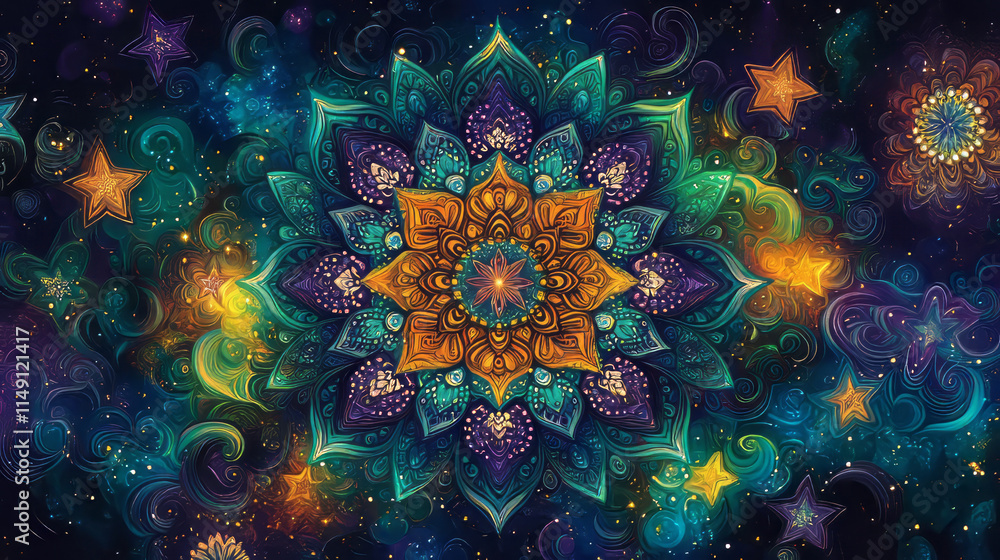 vibrant mandala design featuring deep blues, purples, and golds, surrounded by swirling patterns and stars, creating mesmerizing cosmic effect vibrant mandala design featuring deep blues, purples, and golds, surrounded by swirling patterns and stars, creating mesmerizing cosmic effect