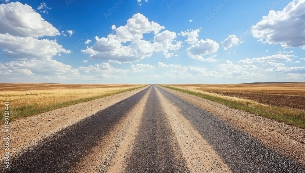 Endless Road Across Golden Fields Under a Blue Sky Endless Road Across Golden Fields Under a Blue Sky