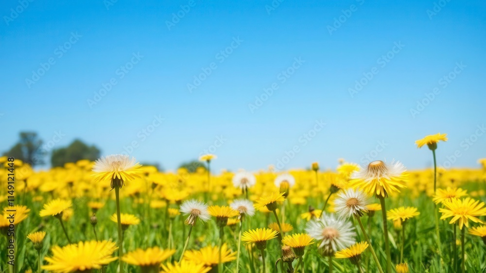 Obraz premium Bright and sunny field filled with vibrant yellow dandelion flowers under a clear blue sky, summer, serene