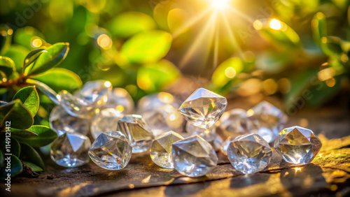 Shimmering clear crystals scattered on wooden surface, surrounded by lush green leaves, illuminated by warm sunlight, creating magical and radiant atmosphere