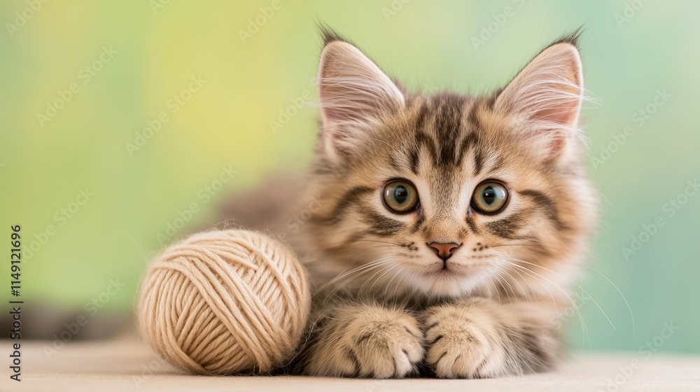 Fototapeta premium Playful Kitten with Yarn Celebrating International Cat Day in Cozy Home Setting