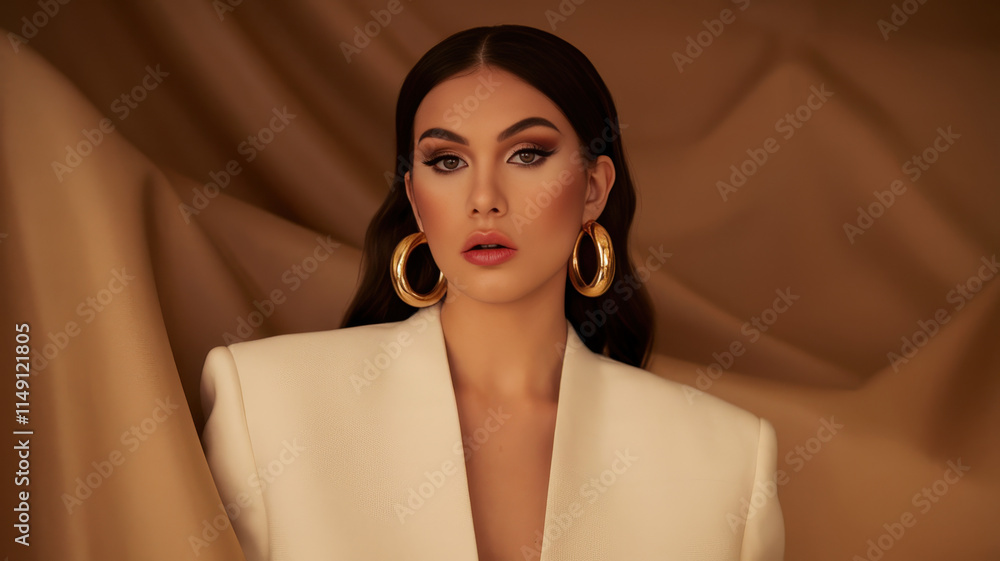 Fototapeta premium A stunning young woman of Middle Eastern descent poses elegantly with bold makeup and gold hoop earrings, set against a soft, warm-toned backdrop.