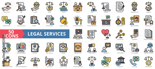 Legal services icon collection set. Containing justice, lawyer, notaries, law, immigration, advocacy, contracts icon. Simple flat outline vector illustration
