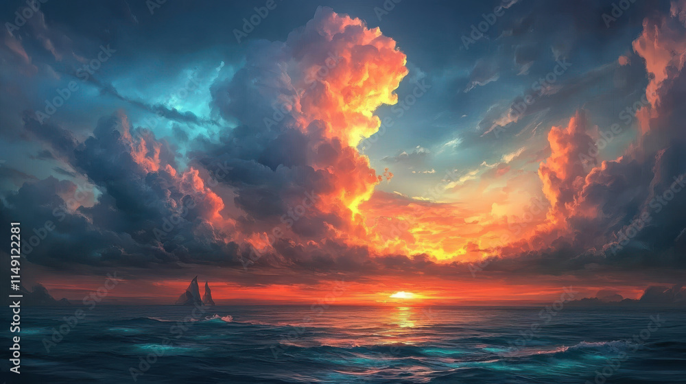Fototapeta premium A hyper-realistic depiction of a sunset sky, the interplay of cool blues and warm amber tones, dynamic cloud formations glowing with the last light of day, an ethereal feel captured with ultra-wide-an