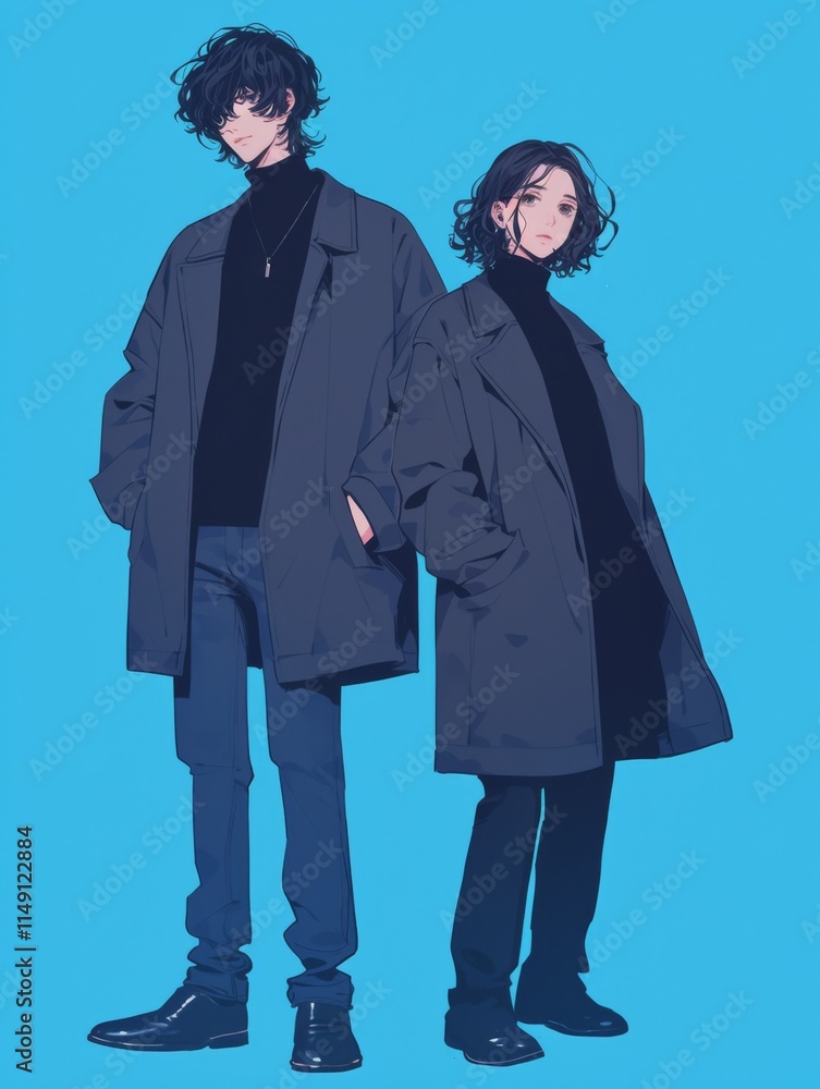 Two anime men in dark grey jackets and navy blue pants, posing in front of a light blue background. Two anime men in dark grey jackets and navy blue pants, posing in front of a light blue background.