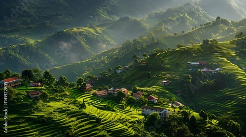 Wallpaper Mural Serene Rice Terraces in the Mountains: A Breathtaking View of Lush Green Hills and Traditional Houses Torontodigital.ca
