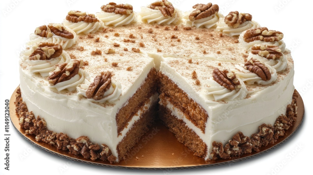 A delicious layered cake with cream frosting and pecans, sliced to reveal its interior. A delicious layered cake with cream frosting and pecans, sliced to reveal its interior.