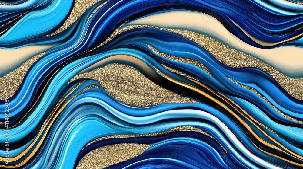 Fototapeta premium Abstract blue and gold fluid art painting with flowing waves and sparkling textures