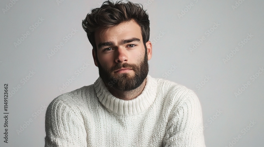 Obraz premium Young Handsome Bearded Man in Casual White Sweater Portrait