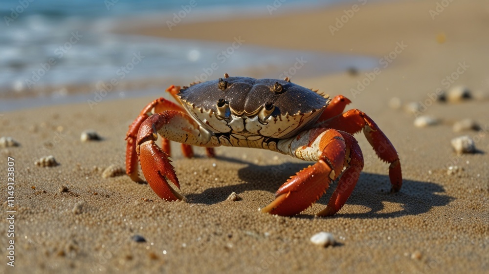 Crab on sandy beach, close-up, facing forward. Crab on sandy beach, close-up, facing forward.