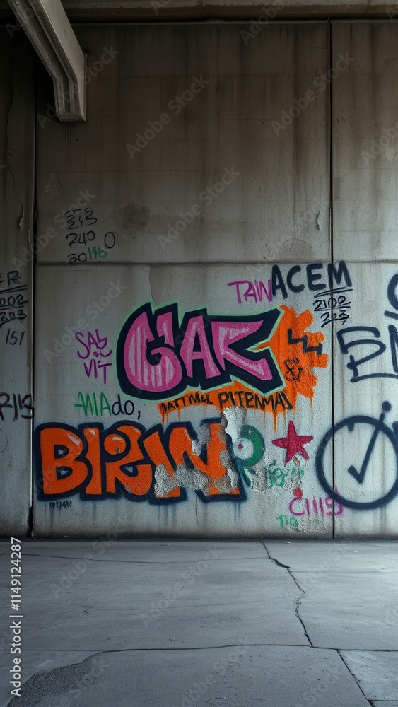 Naklejka premium Industrial concrete wall with graffiti and tags, graffiti, gritty, raw, industrial concrete, monochromatic