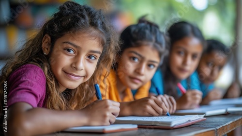Young Venezuelan students focused on creative writing session in school classroom. Children actively engage with pen, paper. Diverse group of students participate in learning activity. Teacher