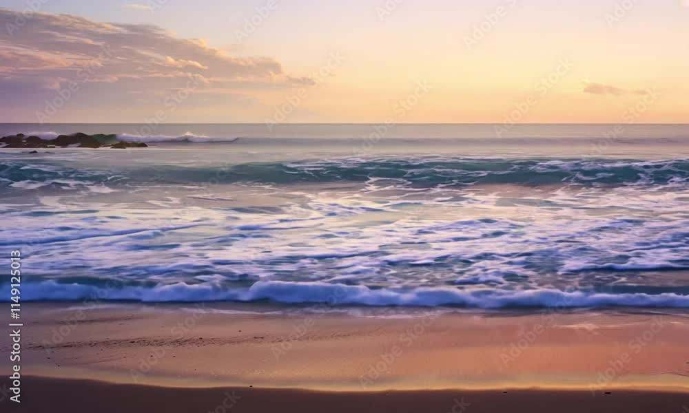 Idyllic Beach Sunset Featuring Soft Colors in the Sky and the Gentle Rhythm of Rolling Ocean Waves Idyllic Beach Sunset Featuring Soft Colors in the Sky and the Gentle Rhythm of Rolling Ocean Waves