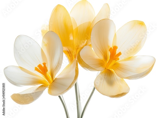 yellow crocus flowers blooming isolated on white background photo