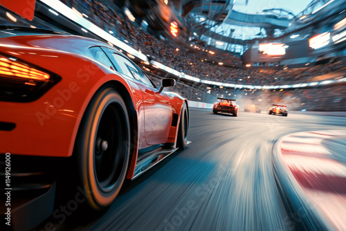 High-speed race cars compete aggressively on a professional track, embodying the thrill, speed, and adrenaline of motorsport competition and engineering prowess.