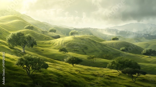 Serene Rolling Hills Landscape: A Breathtaking Panorama of Lush Green Meadows and Majestic Mountains Under a Cloudy Sky