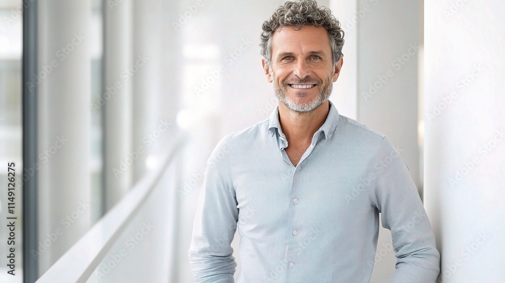 Confident Man Standing and Smiling in Modern Business Environment Confident Man Standing and Smiling in Modern Business Environment