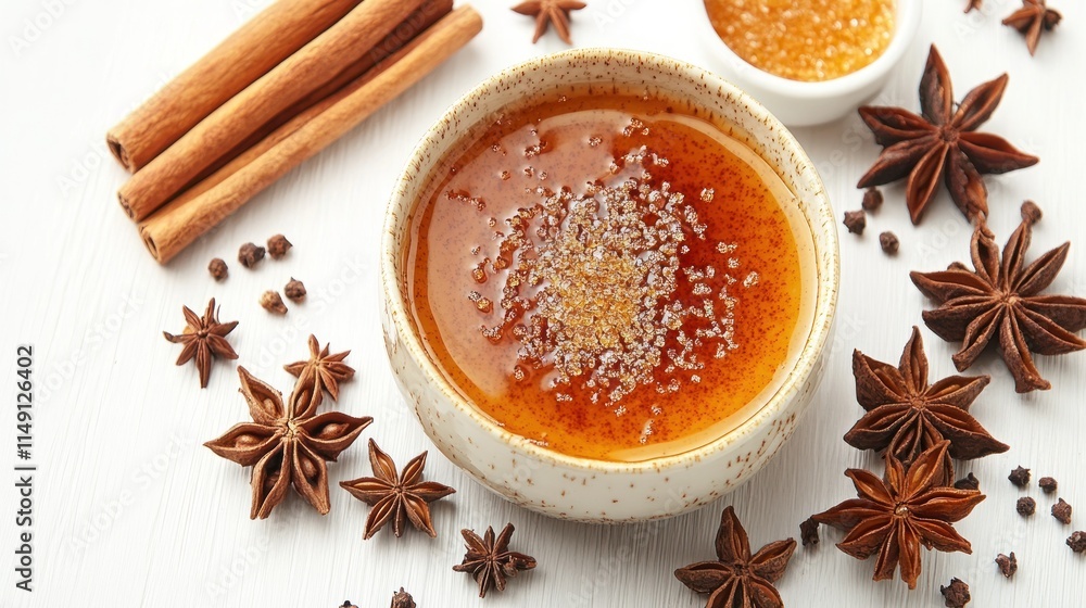 A bowl of honey surrounded by star anise and cinnamon sticks, showcasing a warm, inviting essence. A bowl of honey surrounded by star anise and cinnamon sticks, showcasing a warm, inviting essence.