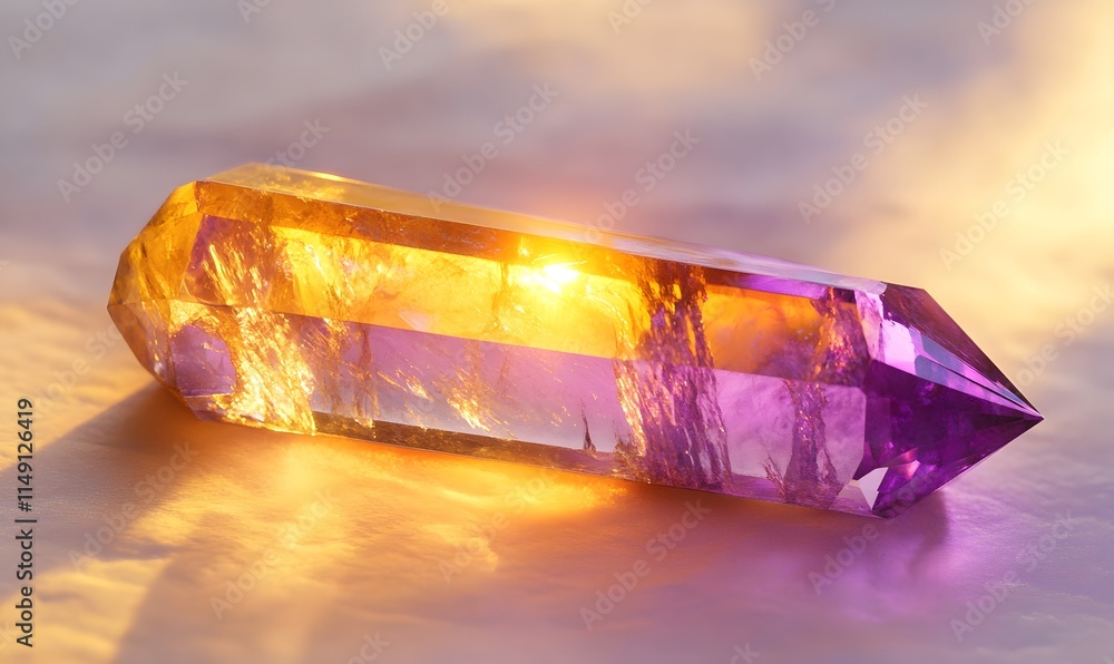 Yellow and purple crystal with a subtle sunlit surface. Yellow and purple crystal with a subtle sunlit surface.