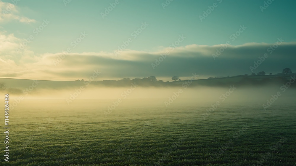 Fototapeta premium Misty sunrise over a serene green field.