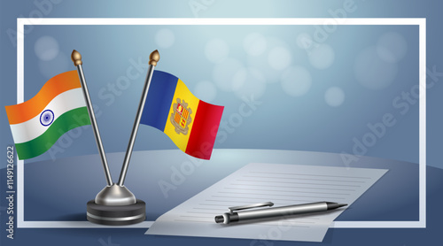 India and Andorra National flags on small table with bokeh background, cooperative relationship