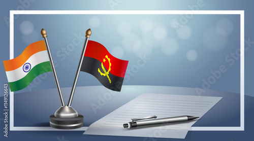 India and Angola National flags on small table with bokeh background, cooperative relationship