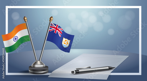 India and Anguilla National flags on small table with bokeh background, cooperative relationship