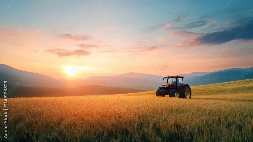 Sunrise Over Rolling Fields with Tractor in Golden Wheat and Majestic Mountain Landscape Sunrise Over Rolling Fields with Tractor in Golden Wheat and Majestic Mountain Landscape