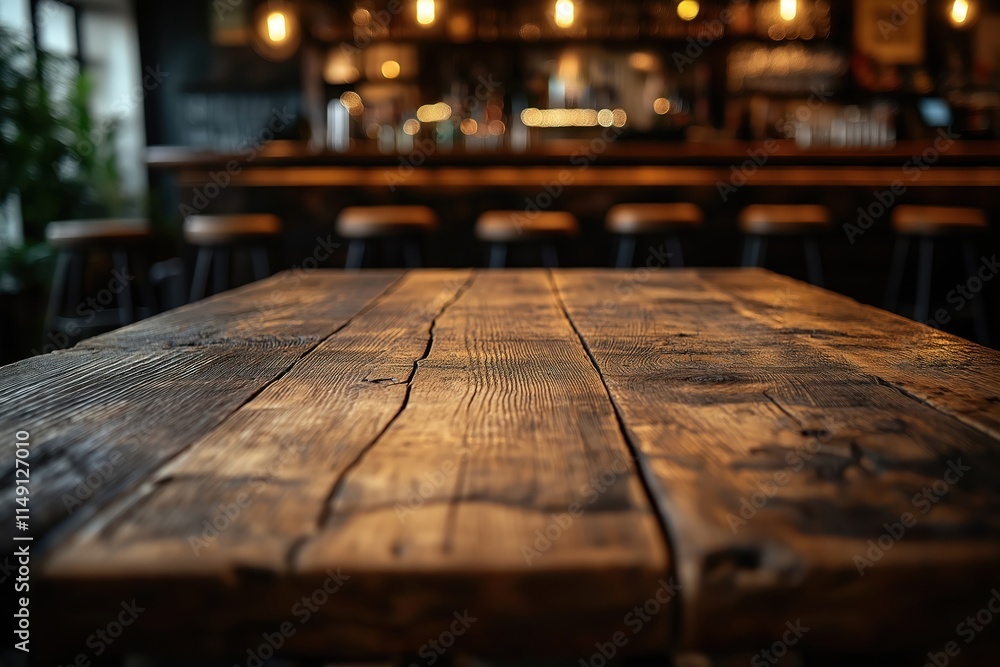 Rustic wooden table in dimly lit pub. Blurred background shows bar counter stools, warm lighting. Evening atmosphere. Suggests pub ambiance, rustic eatery, evening drinks, possibly hot drinks Rustic wooden table in dimly lit pub. Blurred background shows bar counter stools, warm lighting. Evening atmosphere. Suggests pub ambiance, rustic eatery, evening drinks, possibly hot drinks