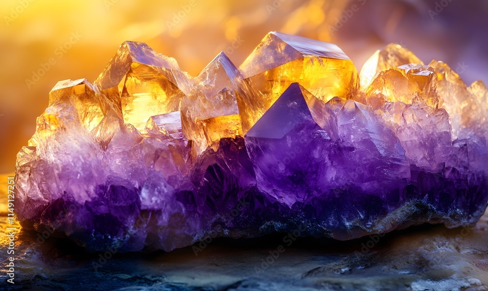 Fototapeta premium Glowing amethyst and citrine cluster on dark background.