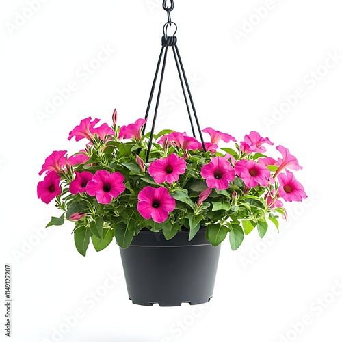 fuchsia petunia plant in a hanging pot isolated on white background photo