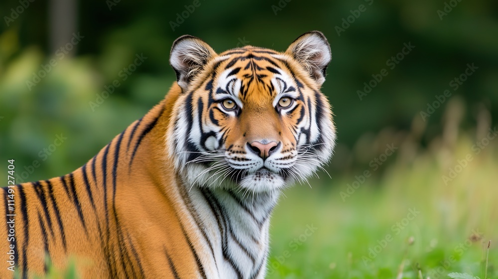 Obraz premium Majestic Bengal Tiger Closeup in Natural Habitat Captured on Safari in Siberia Showcasing Striking Patterns and Intense Gaze at Wildlife Conservation Park