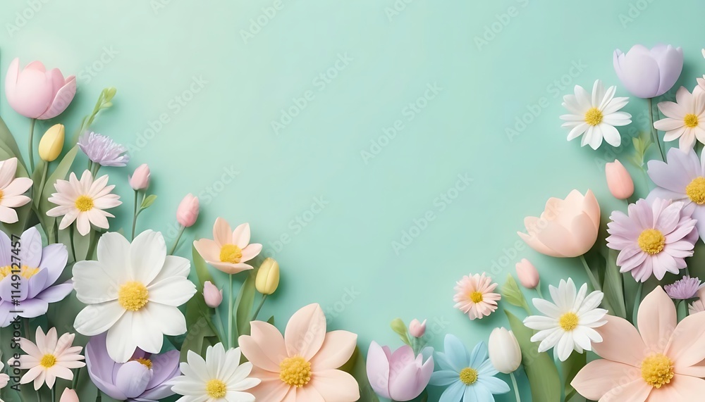 Pastel Flowers Arranged on a Mint Green Background Pastel Flowers Arranged on a Mint Green Background