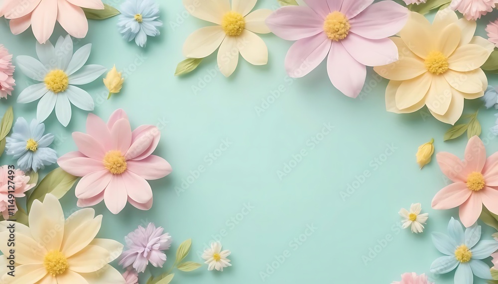 Pastel Flowers Arranged On A Light Blue Background Pastel Flowers Arranged On A Light Blue Background