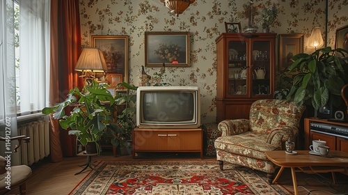 Retro Living Room with Vintage Television, Furniture, and Plants