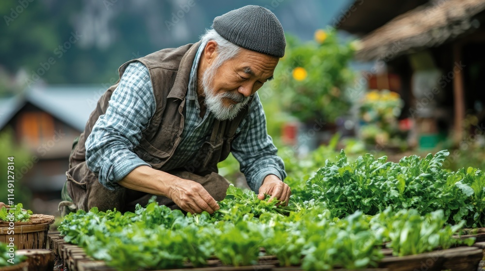 An elderly man tending to a lush garden, cultivating fresh herbs and vegetables. An elderly man tending to a lush garden, cultivating fresh herbs and vegetables.