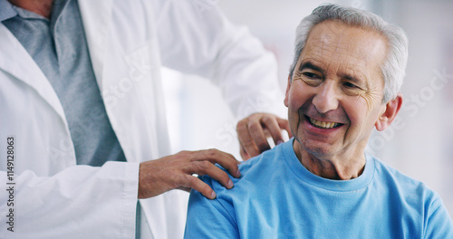 Tableau sur toile Doctor, elderly patient or shoulder injury with physiotherapist for checkup, exam or visit at hospital