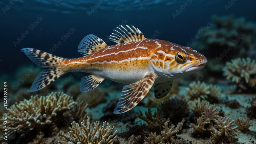 Orange and white fish swimming near coral reef. Orange and white fish swimming near coral reef.