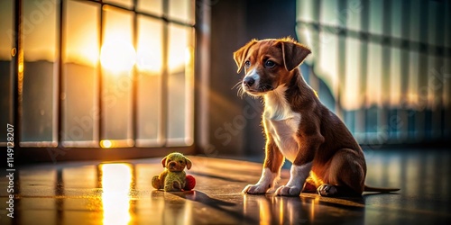 Lonely Shelter Puppy Silhouette with Toy -  Heartbreaking Animal Shelter Portrait