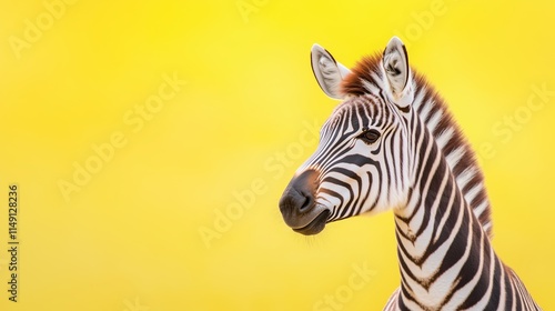 Zebra Standing in Profile with Stripes Clearly Visible Against Bright Yellow Background, Emphasizing Unique Black and White Patterns, Perfect for Wildlife and Nature Themes, Striking and Bold Art photo