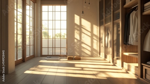 Minimalist bedroom with wooden floor, closet, and sliding doors, sunlight streaming through the window.