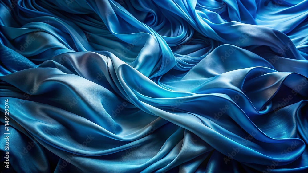 Fototapeta premium Long Exposure Blue Fabric Drape, Abstract Texture, Soft Light, Wrinkled Textile, Deep Blue Background