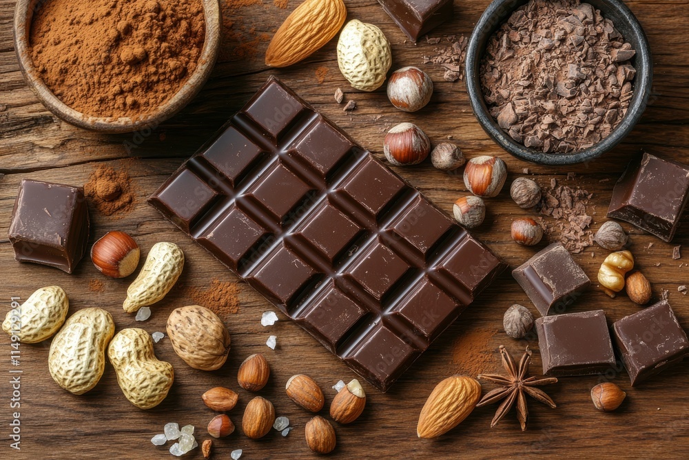 Rich and Decadent Chocolate Bar Surrounded by Nuts and Cocoa on Rustic Wooden Table, Perfect for Gourmet and Culinary Projects Featuring Natural Ingredients Rich and Decadent Chocolate Bar Surrounded by Nuts and Cocoa on Rustic Wooden Table, Perfect for Gourmet and Culinary Projects Featuring Natural Ingredients